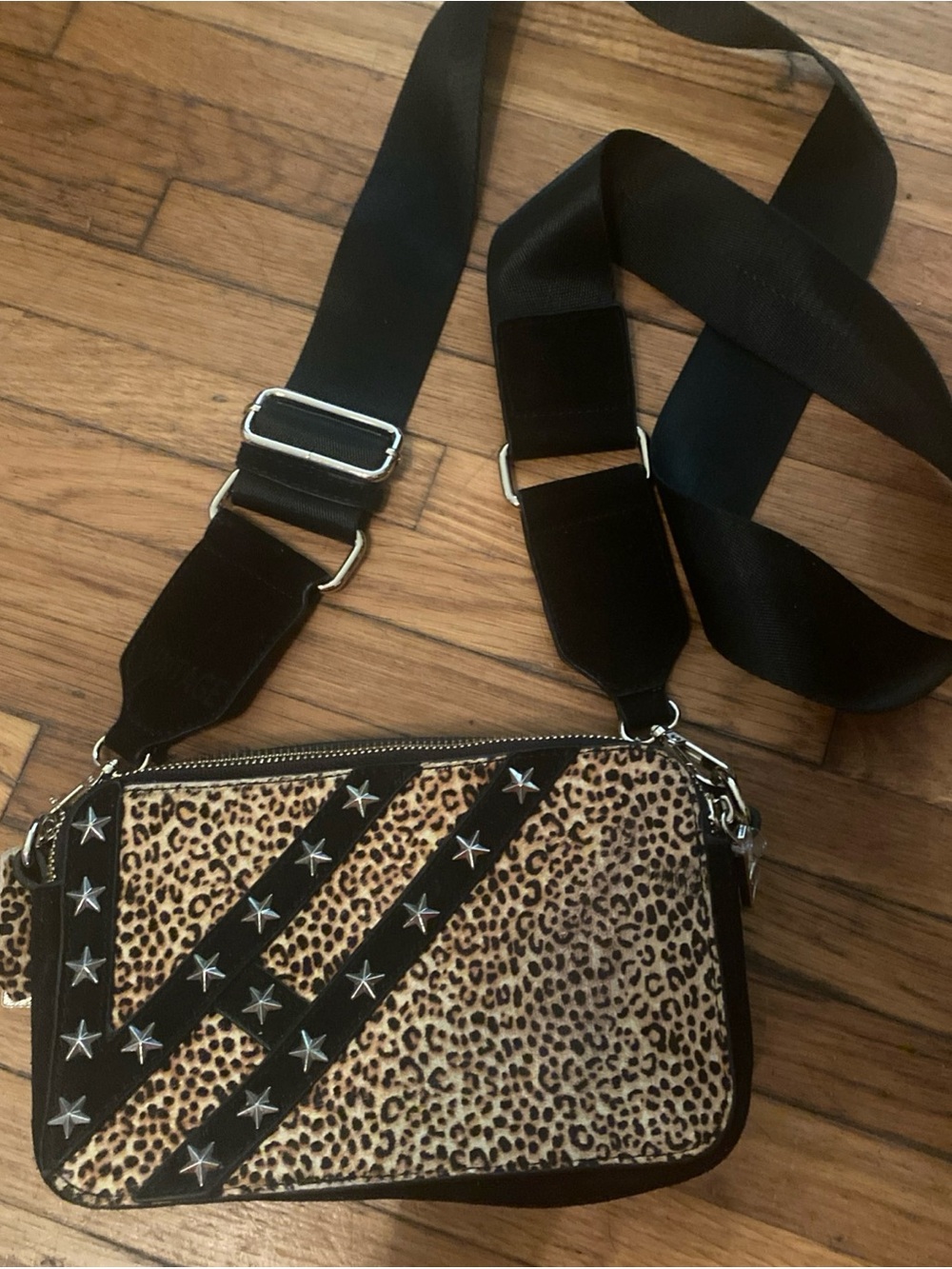 Vintage Havana Leopard Print Crossbody with Black Trim and Silver Star Studs